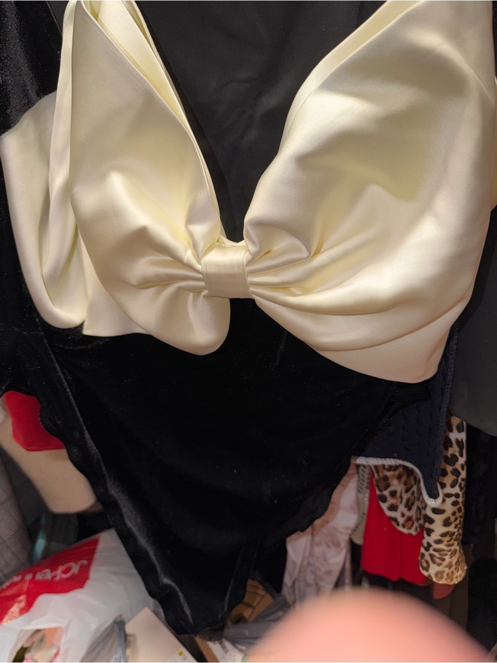 Eloquii Cream Satin Bow-Front Bodysuit with Black Base